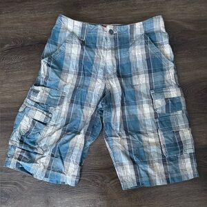 Lee Blue and White Plaid Cargo Shorts